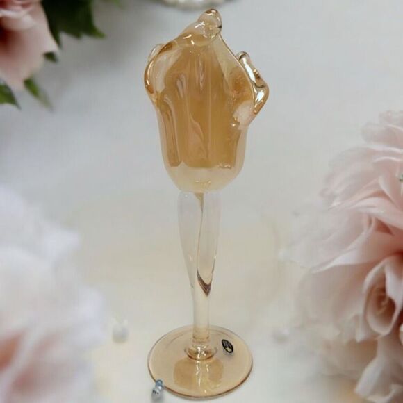 Murano Art Glass Pillar Candle Holder Italian Peach Tulips No Flaws - Picture 3 of 6